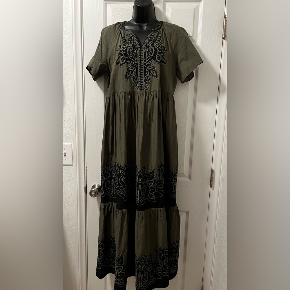 Chico's Cotton Olive Dress with Black Floral Embroidered pattern